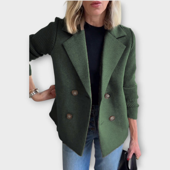 Double-Breasted Knit-Sleeve Blazer