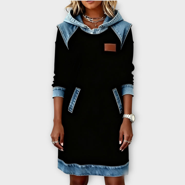 Denim-Trim Hoodie Sweater Dress