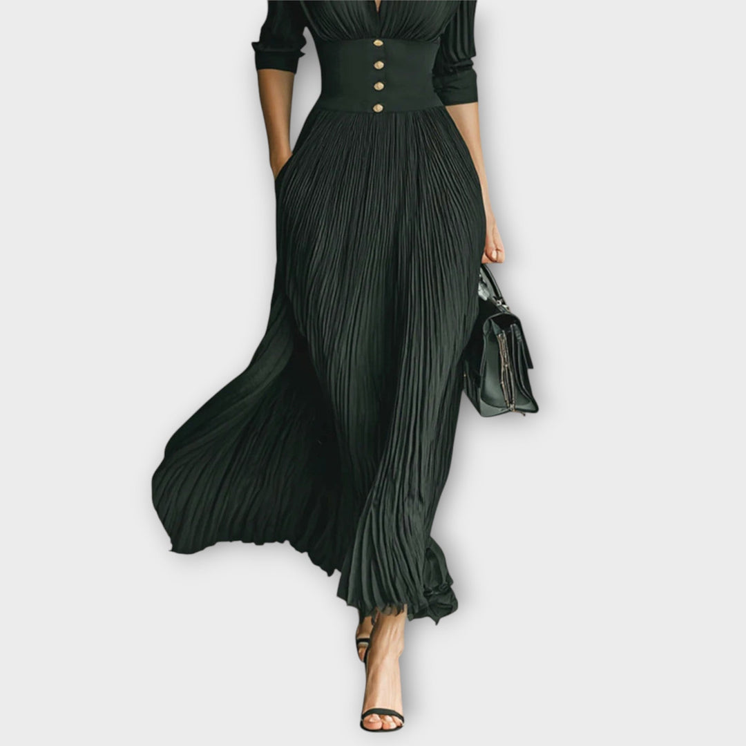 Elegant Pleated Lapel Waisted Long-sleeved Maxi Dress