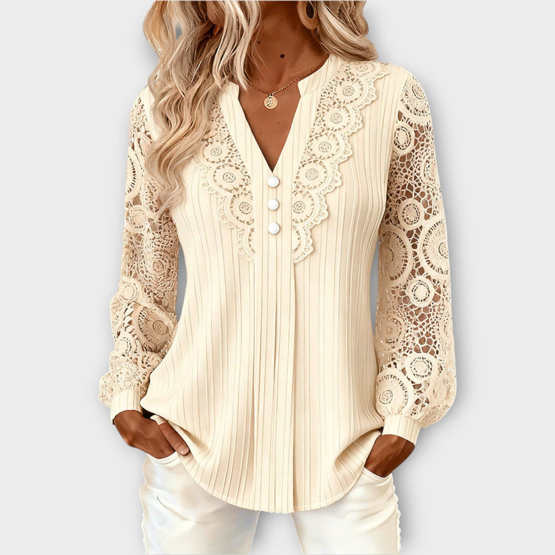 Elegant Lace Sleeve Pleated Blouse