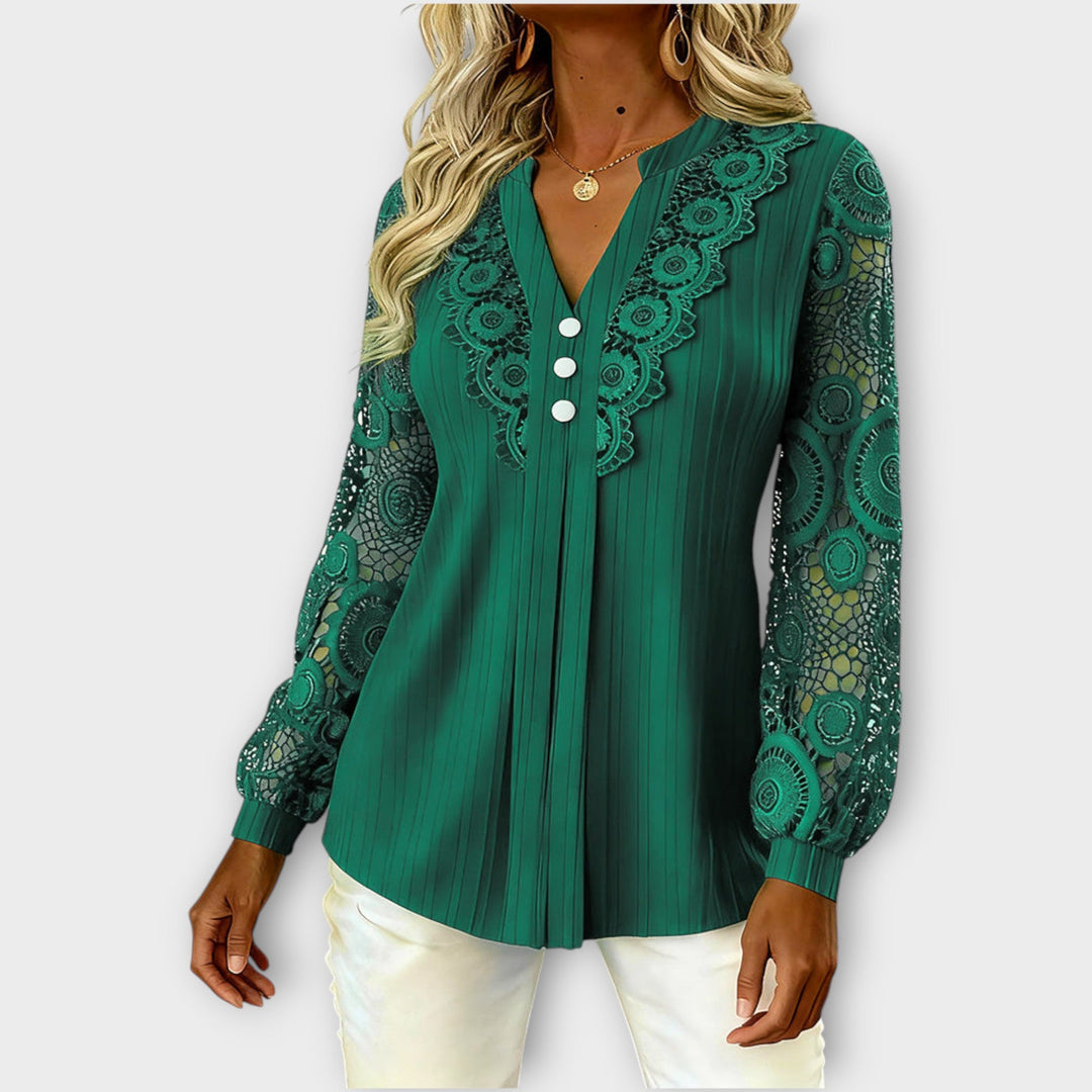 Elegant Lace Sleeve Pleated Blouse