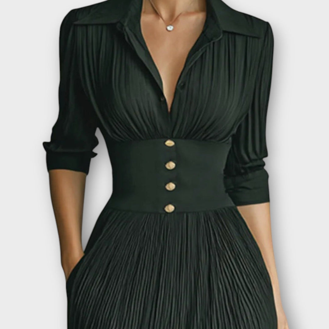 Elegant Pleated Lapel Waisted Long-sleeved Maxi Dress