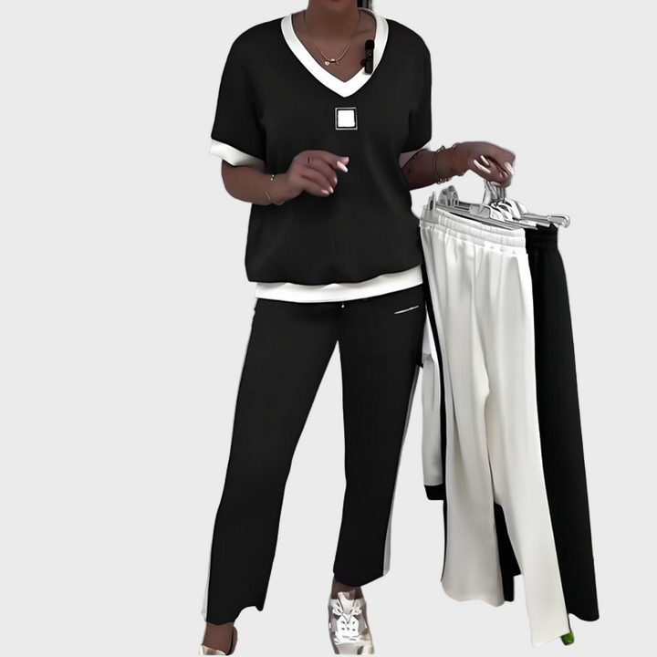 Women's Casual Set with Top and Trousers with V Neckline