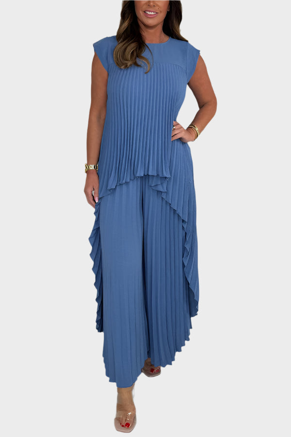 Pleated Top Set with Short Sleeves and Irregular Midi Length, Wide-Leg Trousers with Elastic Waist