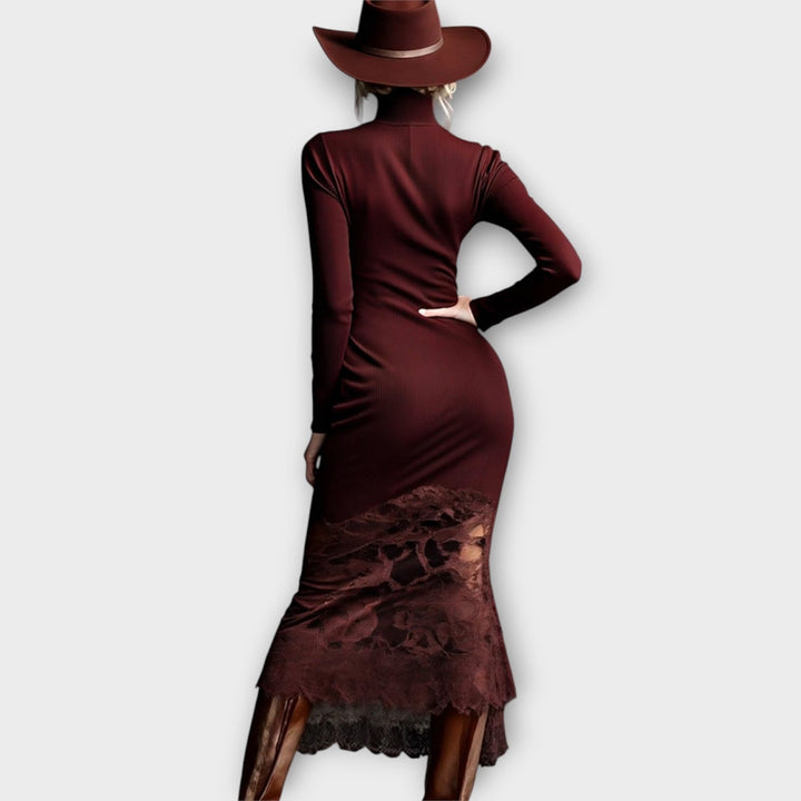 Elegant Ribbed Turtleneck Maxi Dress with Lace Hem