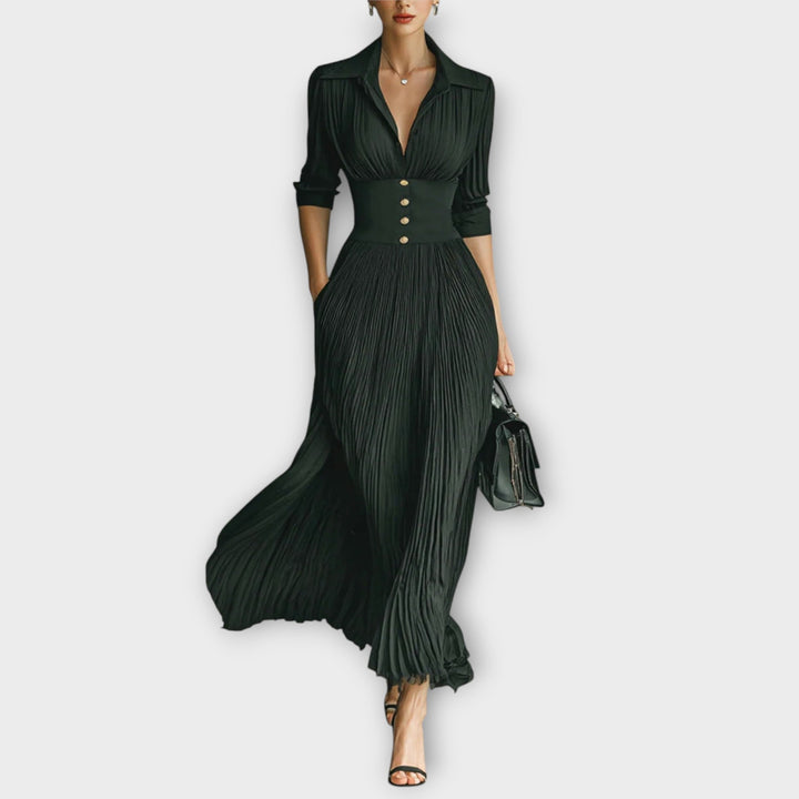 Elegant Pleated Lapel Waisted Long-sleeved Maxi Dress