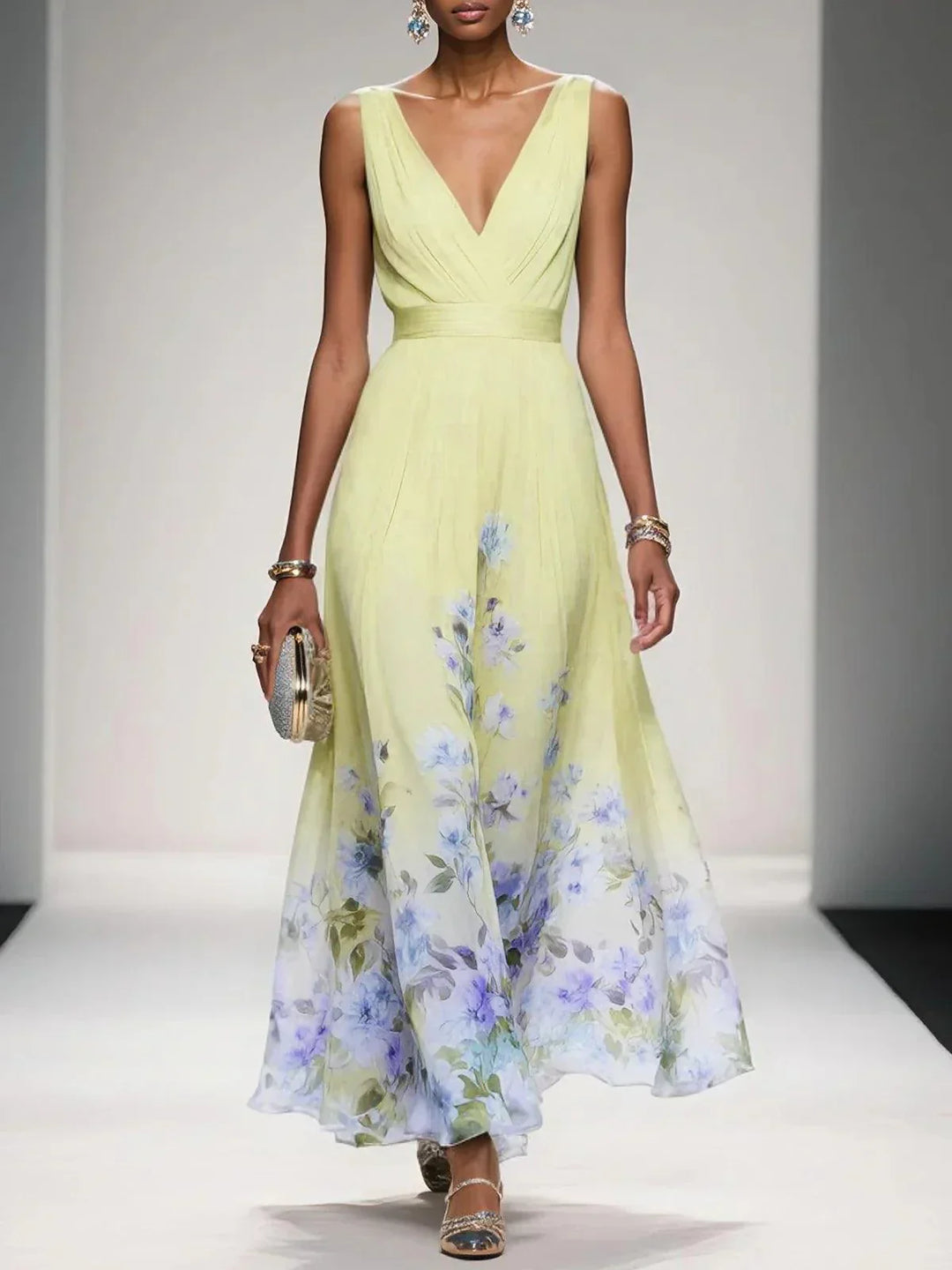 Elegant Light Blue Floral Chiffon V-Neck Sleeveless A-Line Maxi Dress