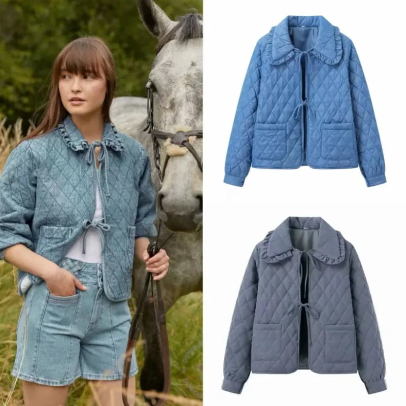 Veste en jean à col avec noueures pour femmes DenimÉlégance™