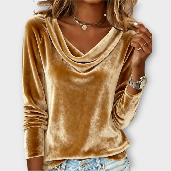 Velvet Draped Neck Long-Sleeve Top