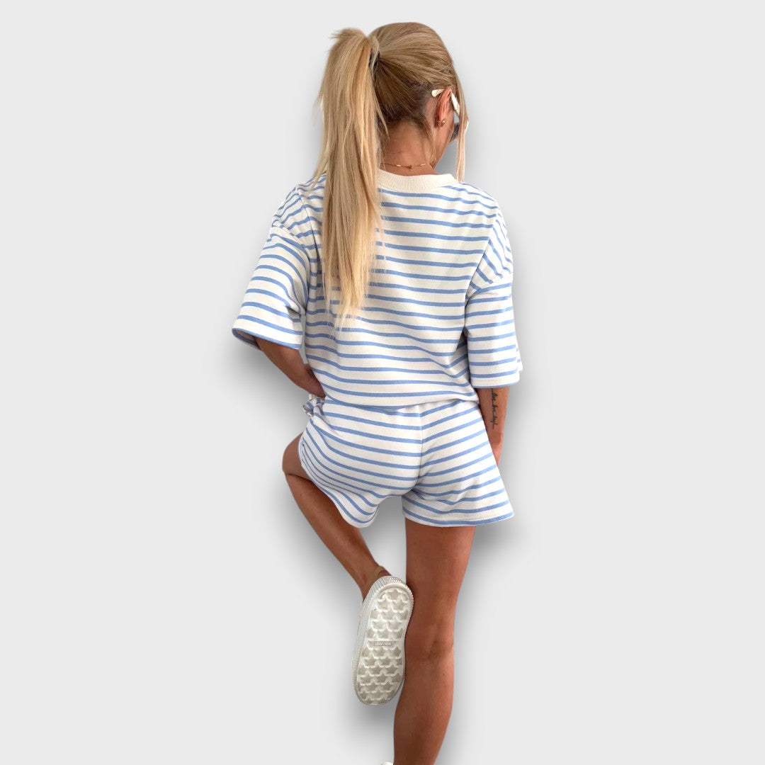 Striped Blouse and Shorts Set with Print
