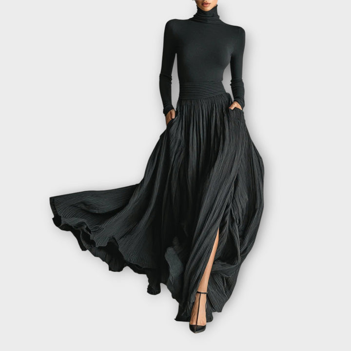 Elegant Black Maxi Skirt Turtleneck Top Set