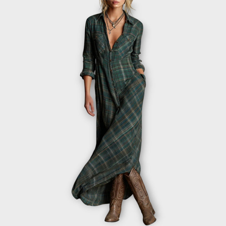 Plaid Button-Down Maxi Shirt Dress
