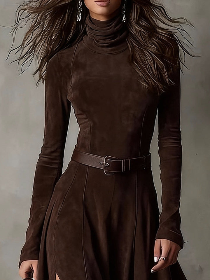 Elegant Dark Brown Faux Leather Turtleneck Maxi Dress with Long Sleeves and Slit (including belt)