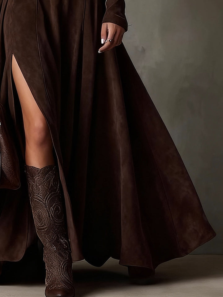 Elegant Dark Brown Faux Leather Turtleneck Maxi Dress with Long Sleeves and Slit (including belt)