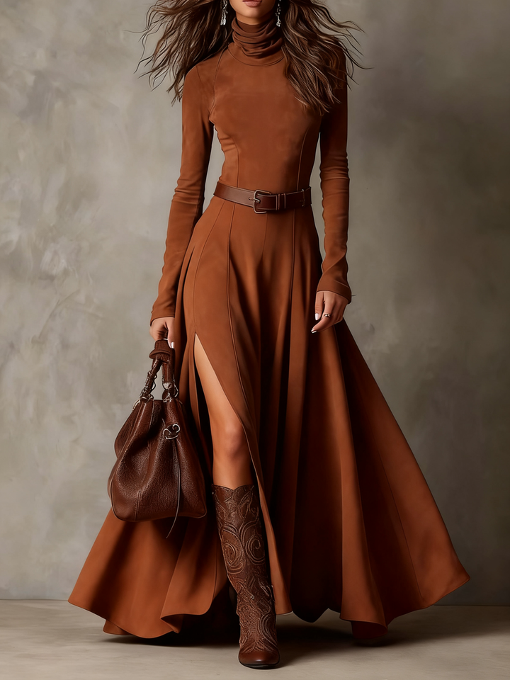 Elegant Dark Brown Faux Leather Turtleneck Maxi Dress with Long Sleeves and Slit (including belt)