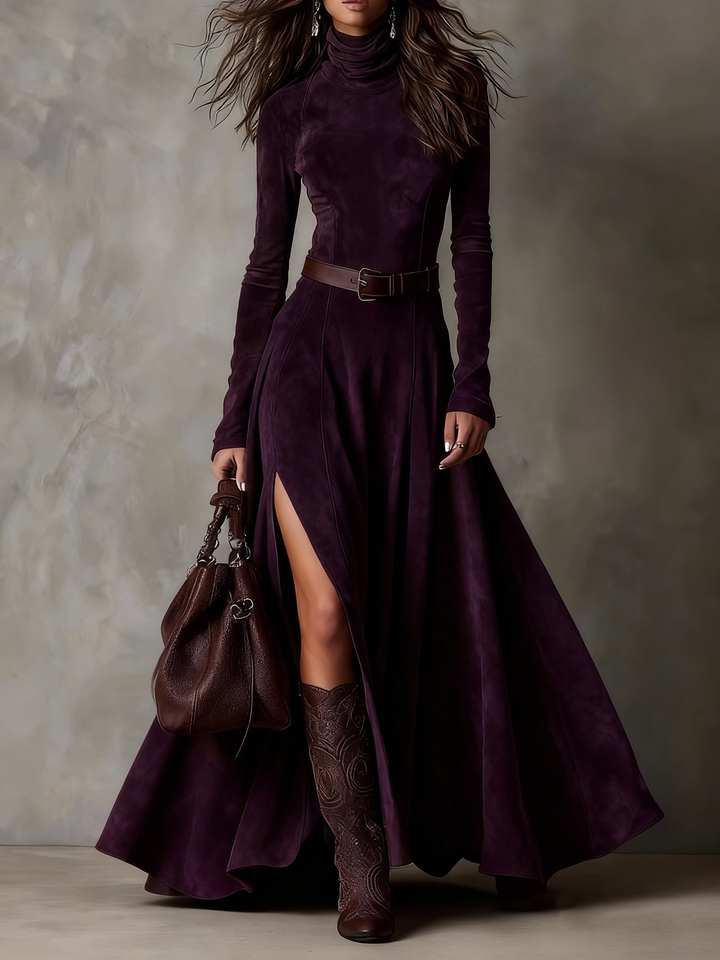 Elegant Dark Brown Faux Leather Turtleneck Maxi Dress with Long Sleeves and Slit (including belt)