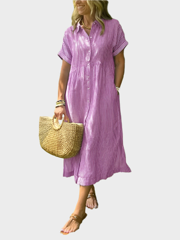 Striped Shirt Dress with Flaps, Buttons and Functional Pockets