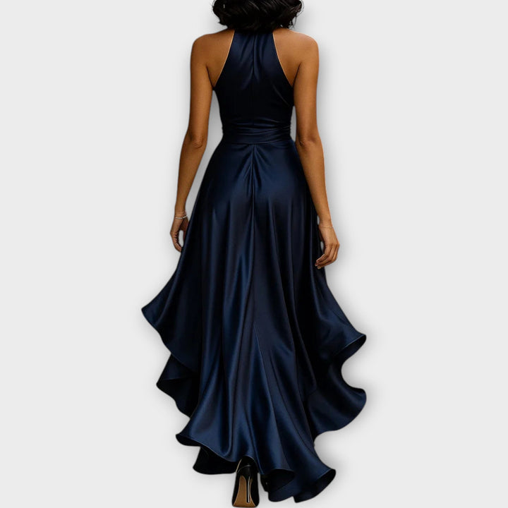 Satin Halter Gown with Draped Waist Tie