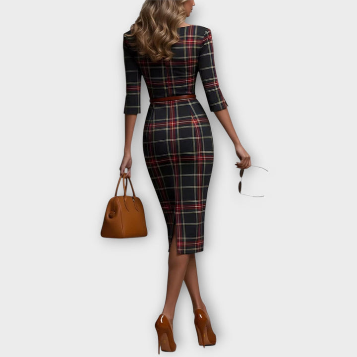 Elegant Plaid Midi Pencil Dress