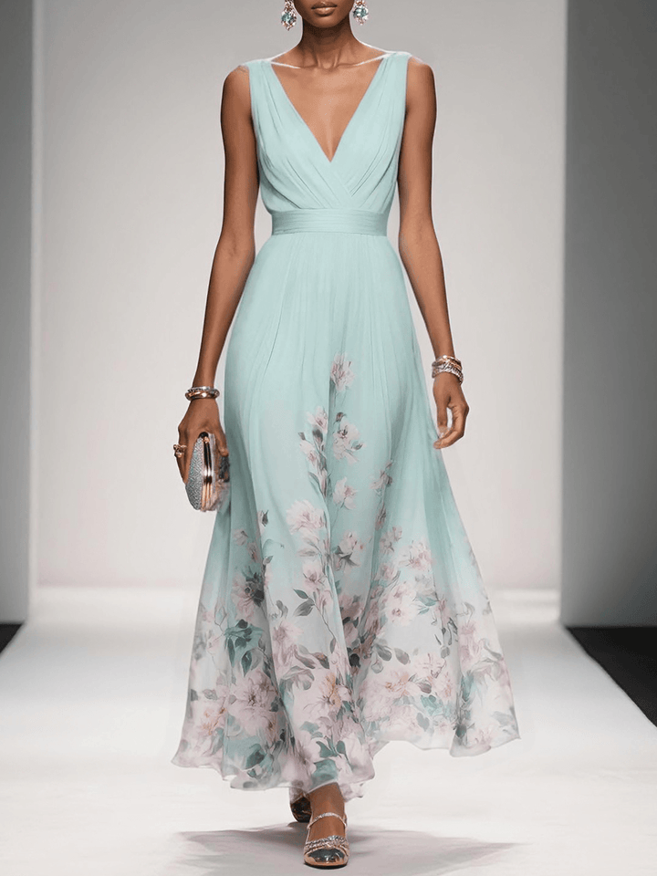 Elegant Light Blue Floral Chiffon V-Neck Sleeveless A-Line Maxi Dress
