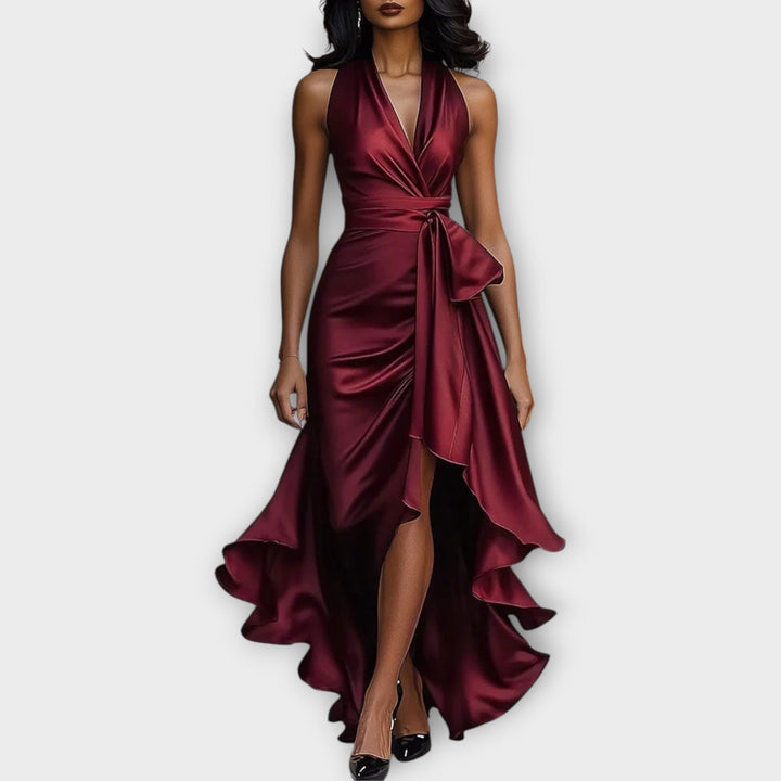 Satin Halter Gown with Draped Waist Tie