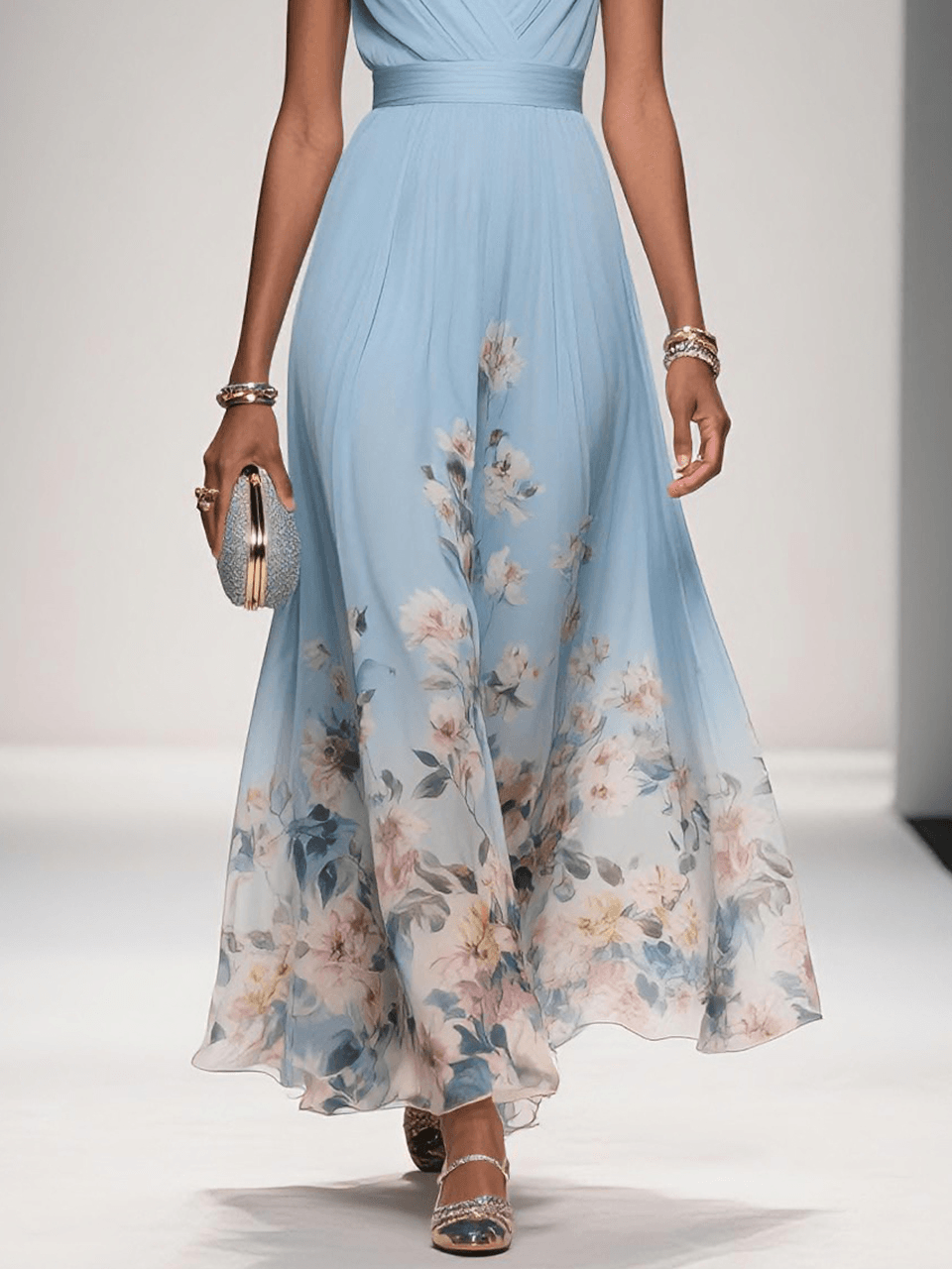 Elegant Light Blue Floral Chiffon V-Neck Sleeveless A-Line Maxi Dress