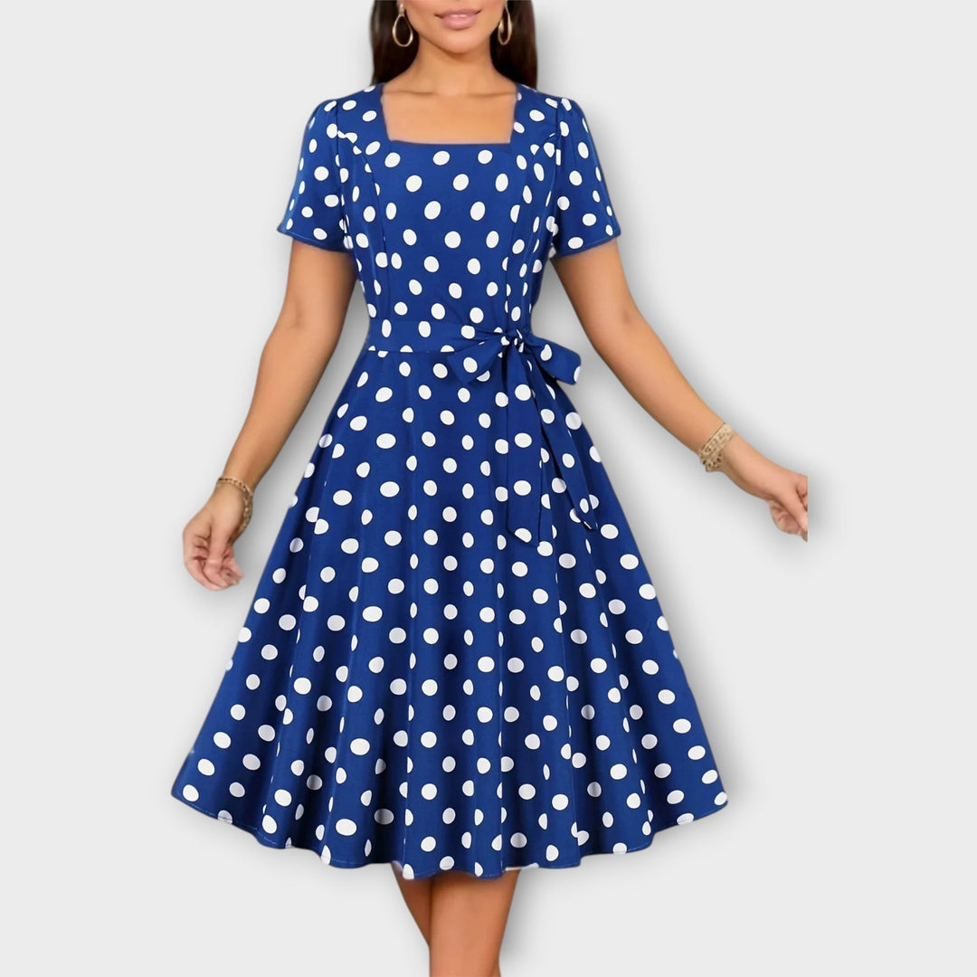 Retro Polka Dot Dress with Belt and Square Neckline