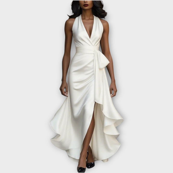 Satin Halter Gown with Draped Waist Tie