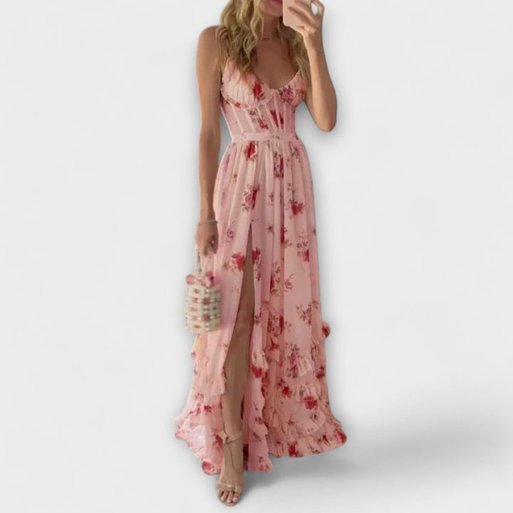 Maxi Dress with Floral Design and Slit