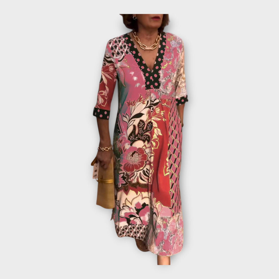 Multicoloured Dress with Buttons and 3/4 Sleeves