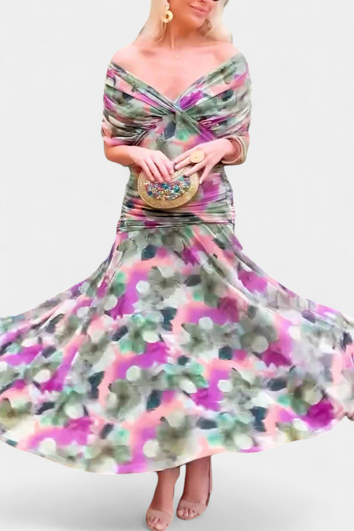 Long Floral Dress with V-Neckline and Romantic Elegance