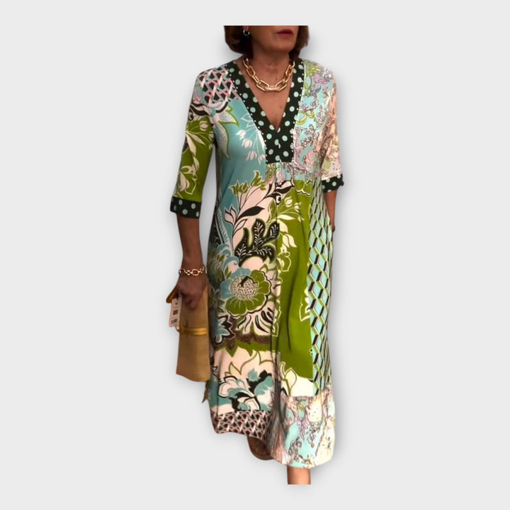 Multicoloured Dress with Buttons and 3/4 Sleeves