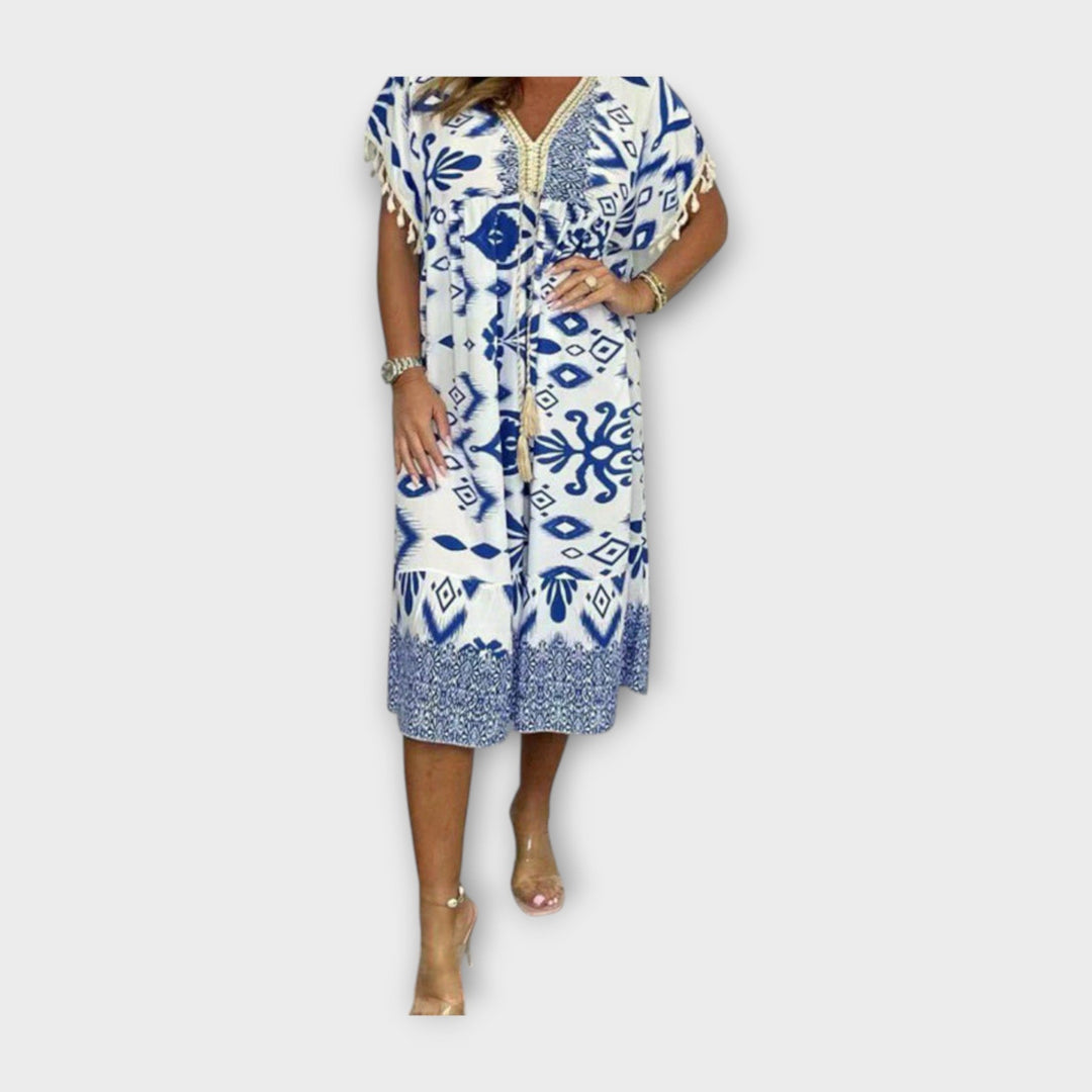 Knee-Length Kaftan with Patterns and Drawstring