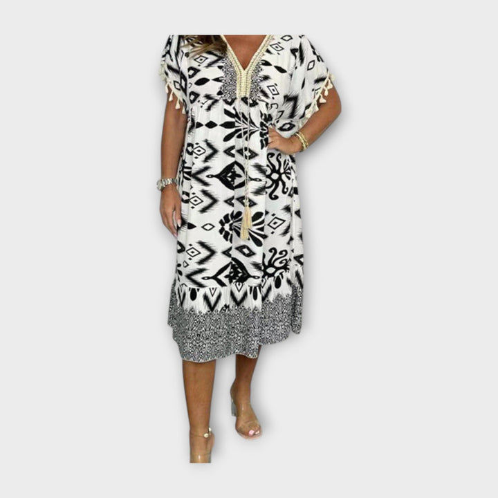 Knee-Length Kaftan with Patterns and Drawstring